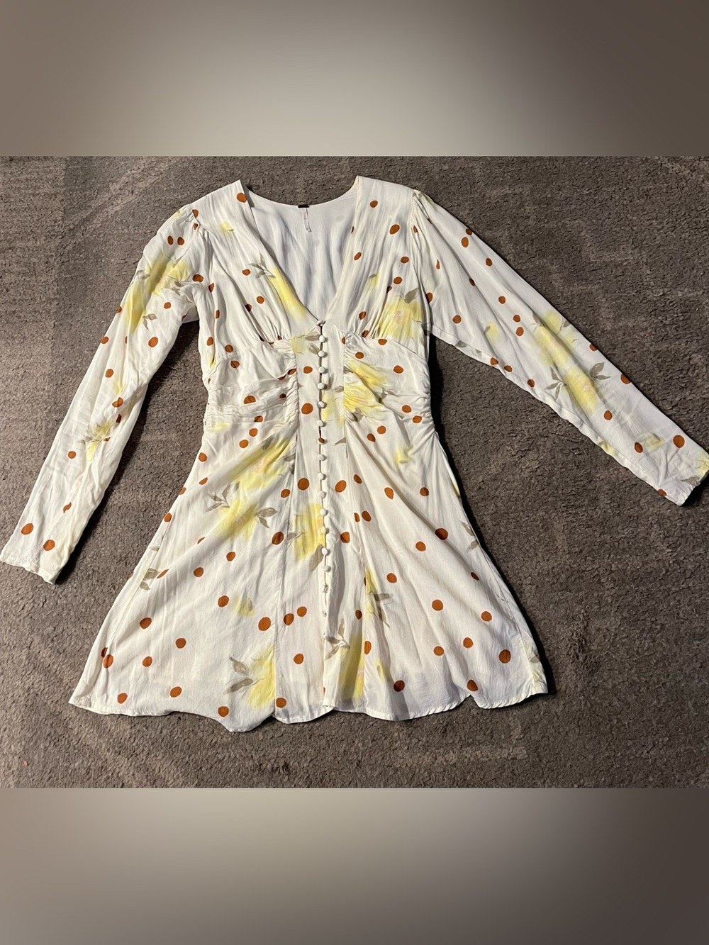 Free People White Mini Dress with Yellow Floral and Rust Polka Dots